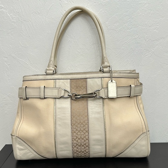 Coach Handbags - Coach F11682 Hampton Ivory Canvas Leather Stripe Satchel Carryall Tote Handbag